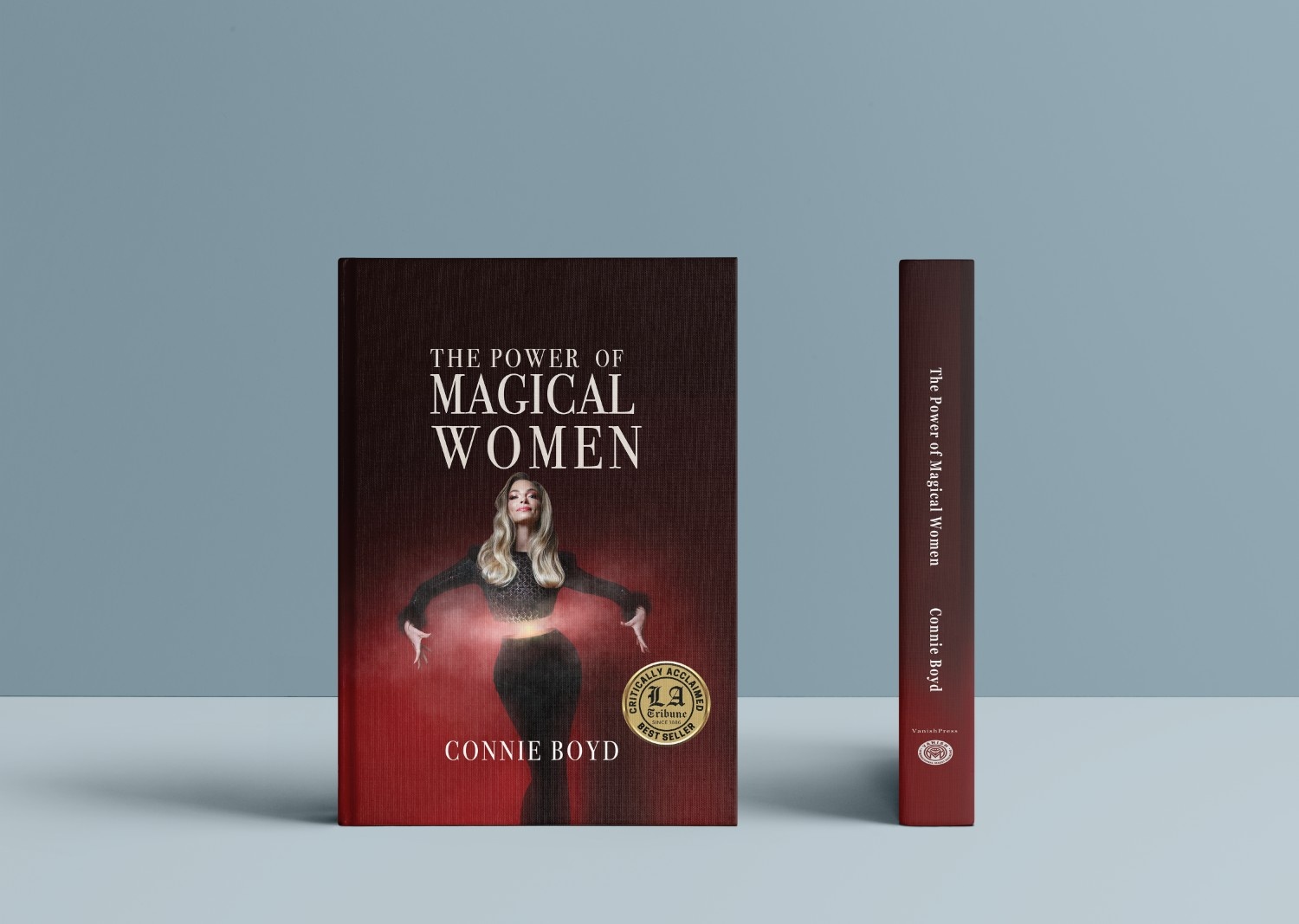 The Power of Magical Women book cover and spine blue background with Los Angeles Tribune seal stamp logo